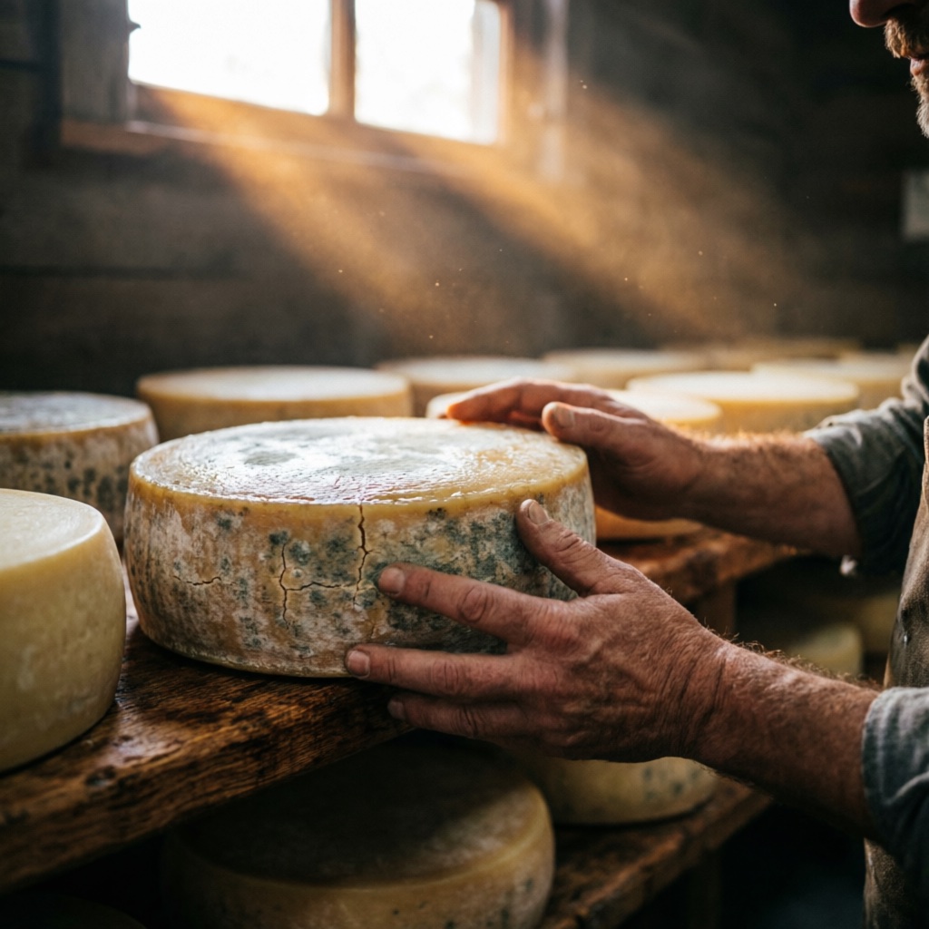 Artisan cheesemaker in ripening cellar